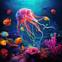 Sea animal swim underwater. Underwater sea animal. Sea animal underwater scene. AI Generation
