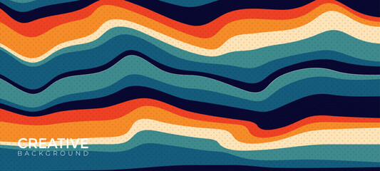 Abstract background of rainbow groovy wavy flow line design in 1970s hippie retro style. Vector design for banner, card, poster, landing page, template, business, cloth, textile, wrap and more.