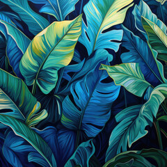 Bright illuminated tropical background with jungle plants. Exotic pattern with palm leaves. AI Generation