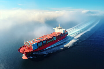 Fototapeta premium Aerial view of cargo ship that full load container for logistics import export in the ocean, shipping and transportation concept, container cargo maritime ship, Global express carrier.
