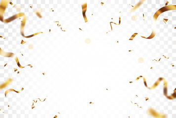 Gold confetti and ribbon, celebrations banner, isolated on transparent background - 643490509