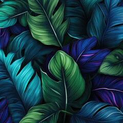 Exotic tropical background with Hawaiian plants. Indigo tropical pattern with monsteras and sabal palm leaves. AI Generation