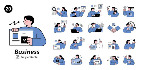 Business people upper body character set. Vector design in blue monocolor with outline.
