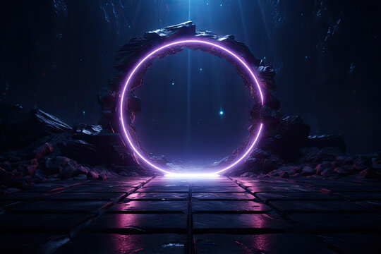 Abstract portal stone gate with neon circle glowing light in the dark space landscape of cosmic, rocky mountain stone field, spectrum light effect