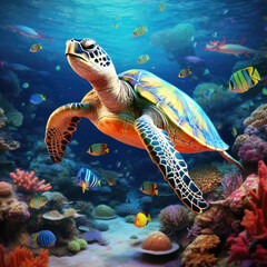 Obraz na płótnie Canvas Sea turtle. Sea turtle swim underwater. Ocean coral reef