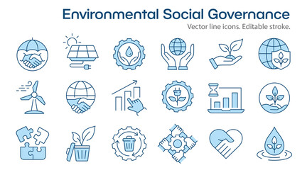 ESG flat icons, such as ecology, environment social governance, risk management, social factors and more. Editable stroke. - 643491728