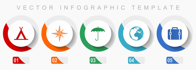Adventure icon set, miscellaneous icons such as tent, navigation, umbrella, globe and case, flat design vector infographic template, web buttons in 5 color options
