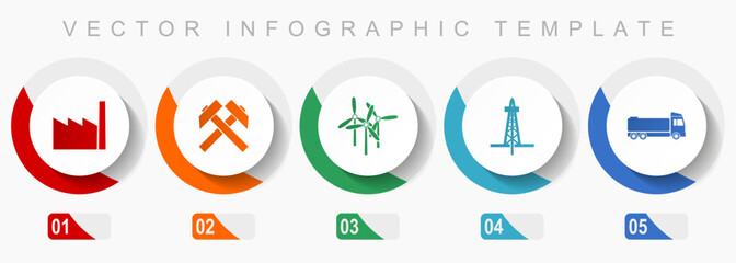 Industry and technology icon set, miscellaneous icons such as factory, mining, wind energy, oil and truck, flat design vector infographic template, web buttons in 5 color options
