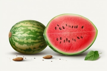 Watermelon with leaves and sliced isolated on white background