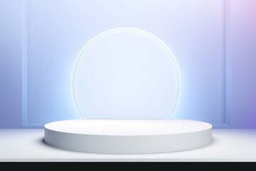 White cylinder podium with glowing circle. Mockup design for your cosmetic products.
