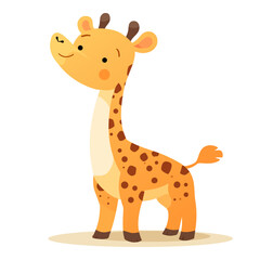 Cute giraffe. Yellow fur, brown spots, short tail, long neck and legs, animal, pet, zoo, cartoon, toy, small horns on the head, hooves, light neck and belly, smiling, beloved