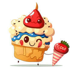 Cupcake with cream. Cute cartoon smiling muffin with strawberry on top and ice cream in cone with cool lettering. Cake, dessert, stuffing, sweet, delicious, children's drawing, attractive