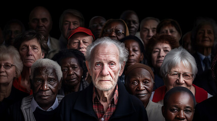Older demographic people show demographic change and Generations and Aging. Many elderly people of different races. The problem of demographic aging on planet Earth. - obrazy, fototapety, plakaty