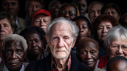 Older demographic senior show demographic change and Generations and Aging. Many elderly people of different races. The problem of demographic aging on planet Earth.