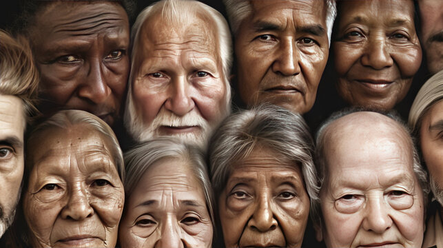 Older demographic people show demographic change and Generations and Aging. Many elderly people of different races. The problem of demographic aging on planet Earth.