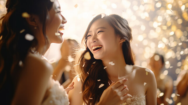 Beautiful Asian LGBT wedding couple laugh in dance, confetti falling, fancy golden tones. Same sex marriage.