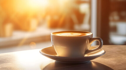 A cup of hot coffee latte on the table near window in the cafe with morning sunlight, background with copy space, close up shot. 