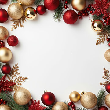 Bright Christmas frame of spruce, red & gold christmas decorations on white background. Copy space. Winter holidays, New Year. Made with generative ai