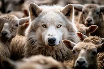 The wolf Canis lupus surrounded by a flock of sheep