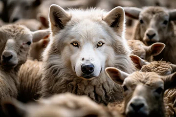 Draagtas The wolf Canis lupus surrounded by a flock of sheep © graja