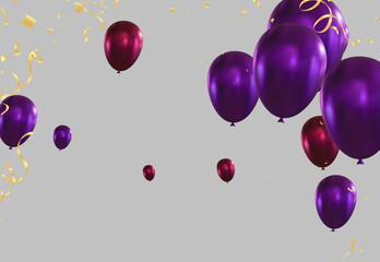 Purple balloons and confetti on a gray background. Vector illustration.