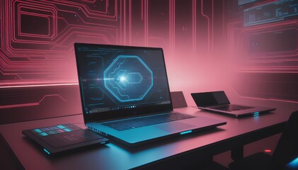 Futuristic laptop computer with map on screen