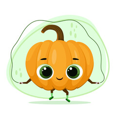 Cute pumpkin jumping rope. Cartoon style. Vegetable.
