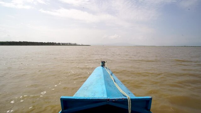 Bow Of A Wooden Boat Sailing On The Lake Chamo In Arba Minch, Ethiopia,  Africa. Close Up