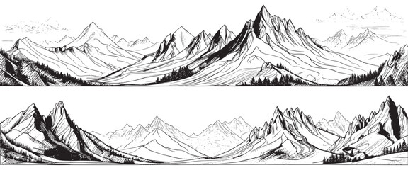 Mountain sketch landscape in black on a white background. Hand drawn sketch style rocky peaks. Vector landscape illustration. banner