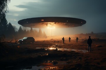 Close Encounter Scene With UFO, Generative AI