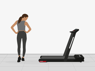 A female character in a sports uniform is warming up near a treadmill indoors
