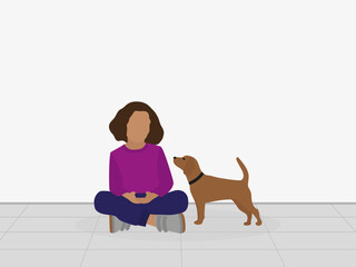 Girl sitting cross-legged on the floor and there is a dog nearby