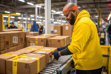 Workers are handling the packaged courier on the production line