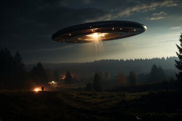 Fototapeta na wymiar Mysterious Flying Saucer Hovering Above A Landscape, Generative AI