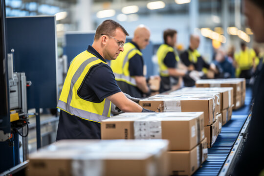 Workers are handling the packaged courier on the production line