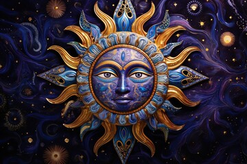 a close up of a painting of a sun. The concept of astrology and astronomy.