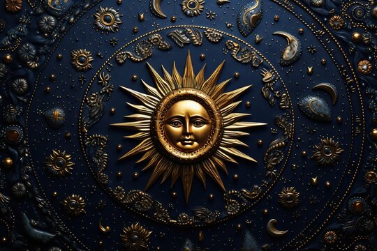 a close up of a gold sun on a blue background. The concept of astrology and astronomy.