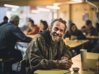 Portrait of homeless man in shelter. - obrazy, fototapety, plakaty