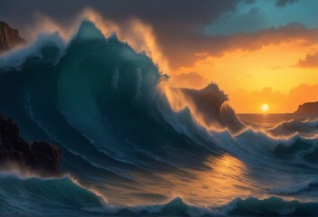 Landscape of the raging sea against the backdrop of sunset, big waves and rocks.