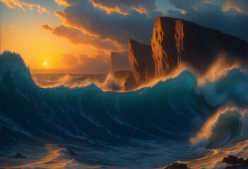 Landscape of the raging sea against the backdrop of sunset, big waves and rocks.