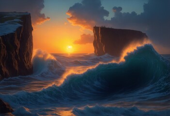 Landscape of the raging sea against the backdrop of sunset, big waves and rocks.