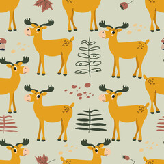 Seamless pattern with cartoon moose, trees, decor elements. Childish texture for fabric, textile, apparel, nursery decoration. Hand drawn vector illustration.