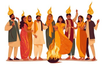 People celebrating lohri festival flat illustration