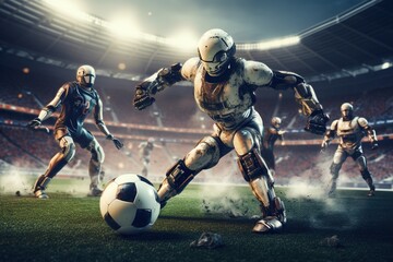 Robots play football match with each other in stadium. Sports and technology.