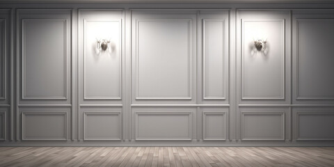 Light gray wall with decorative panels and wood flooring with interesting light reflections - Generative AI