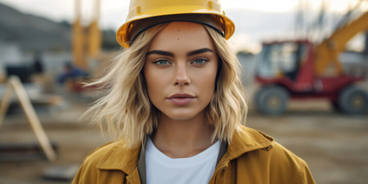 Woman wearing hard hat on a construction site - Generative AI