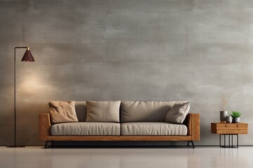 Scandinavian style living room with wooden and minimalist design sofa and concrete wall on background 