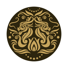 Chinese Happy New Year 2024. Year of the Dragon. Symbol of New Year. Dragon in circle, black and golden colors	
