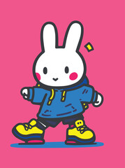 A simple illustrated bunny wearing blue hoodie and yellow shoes. Learning skating. Kids storybook. 