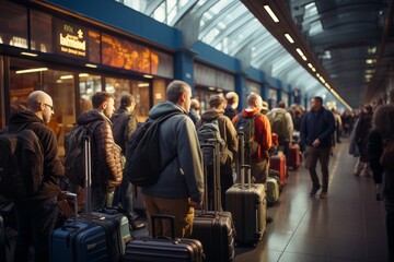 Travelers Waiting In Line At A Check In Counter, Generative AI 